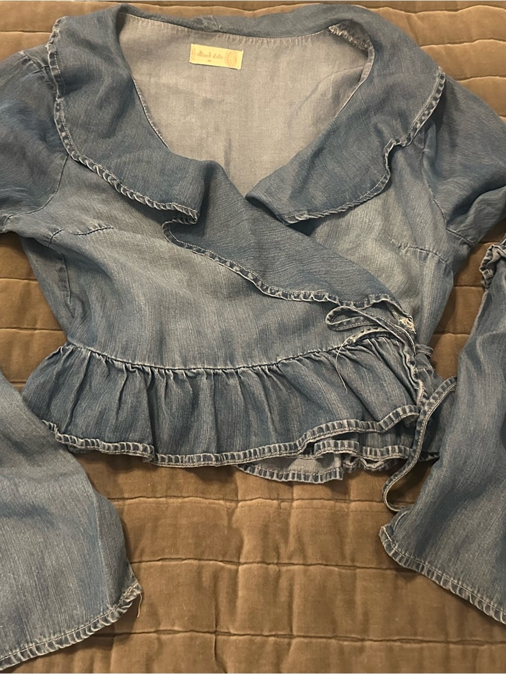 Altar'd State Light Blue Chambray Ruffle Wrap Blouse-Medium